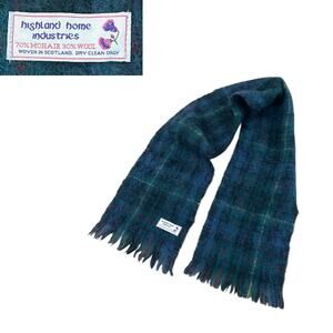 Vintage Blue Tartan Plaid Mohair Wool Scarf Made in Scotland -